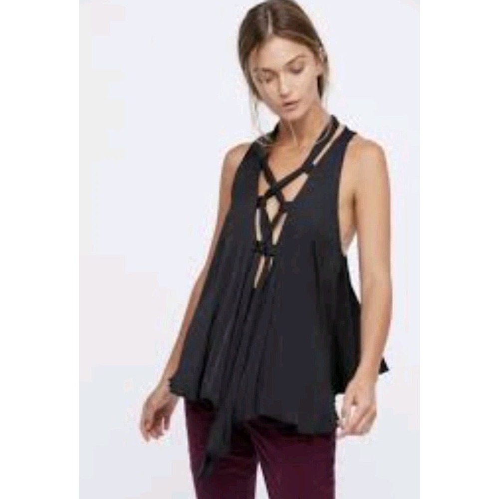 Intimately Free People Black Silky Open V Neck Racerback Tank Top Cami Large